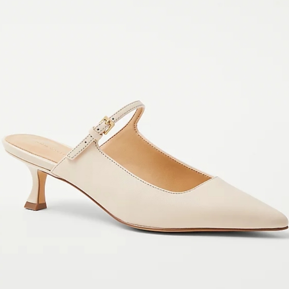 NEW! ANN TAYLOR Leather Pointed Toe Slip On Mule Buckle Accent 6M.